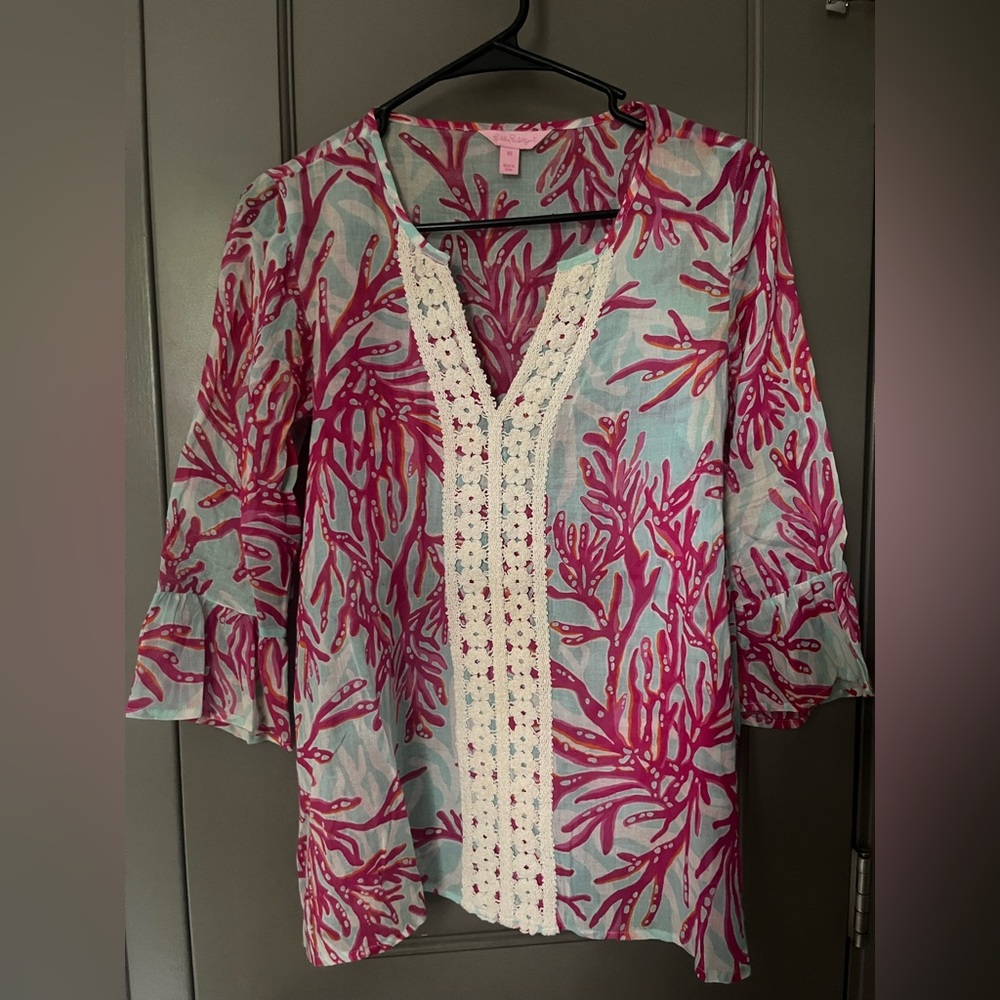 Lilly Pulitzer Coral Bell Sleeve Tunic Underwater Escape